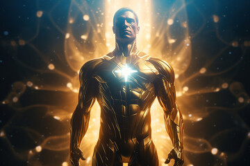 Fototapeta na wymiar Super hero in gold metal suit, yellow glowing energy flows. Blurred motion. Generative art