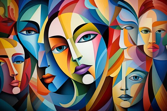 An illustration with a variety of people, a lot of abstract faces painted on a colorful background, a flat composition, a multi-layered composition.