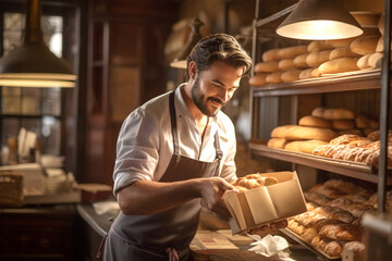 Happy male baker putting fresh baked goods into paper boxes in bakery for delivery