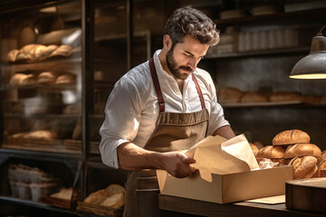 Male baker putting fresh baked goods into paper boxes in bakery for delivery
