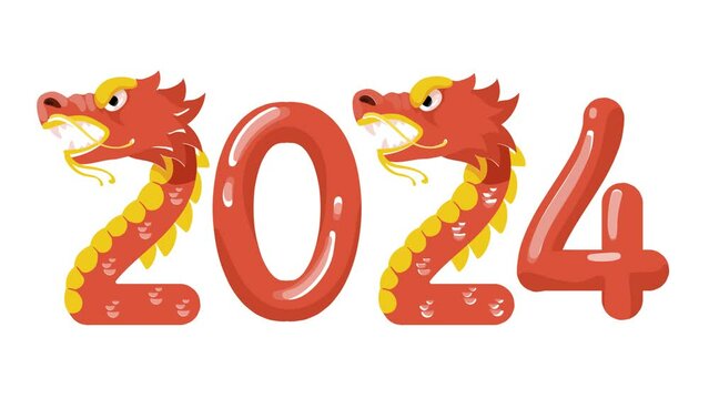 Red cartoon lettering 2024 in Chinese dragons instead of the number two. Vector animation mp4, 4K quality