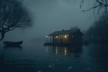 Fototapeta premium Misty Lakeside Abode at Dusk