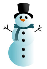Vector graphic of a snowman with top hat. View to the front. 3D effect through lights and shadows. Turquoise scarf with fringes.