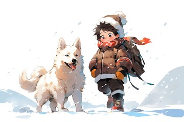 a comic illustration of a eskimo boy and his dog  - obrazy, fototapety, plakaty
