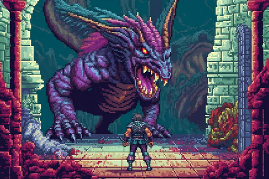 8bit Pixel Darstellung alter Computerspiele. K&auml;mpfer, Helden und Monster