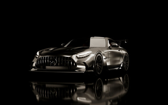 Kazakhstan, Almaty, November 05, 2023: Matte Grey Mercedes Benz AMG GT supercar fast luxury model. 3d render