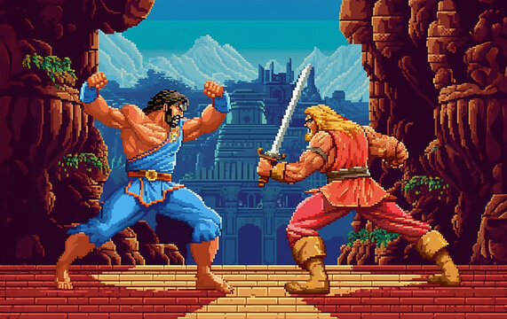 8bit Pixel Darstellung alter Computerspiele. K&auml;mpfer, Helden und Monster