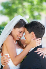 Groom, bride and wedding day hug outdoor with love, care and excited for commitment, union or trust. Love, happy and couple embrace outside marriage ceremony with support, security or romantic event