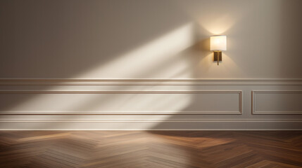 A hallway with a herringbone patterned hardwood floor and a modern sconce on the wall provides a warm welcome