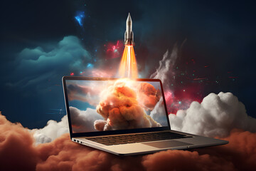 Rocket coming out of laptop screen. Innovation and creativity concept - obrazy, fototapety, plakaty