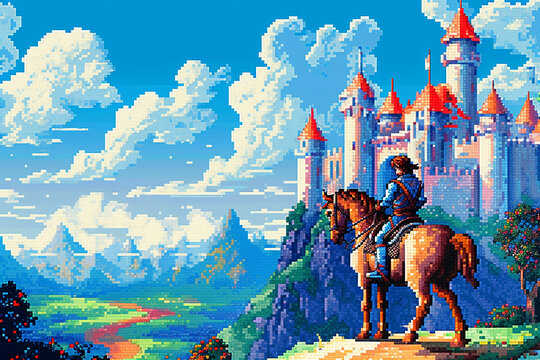 8bit Pixel Darstellung alter Computerspiele. K&auml;mpfer, Helden und Monster