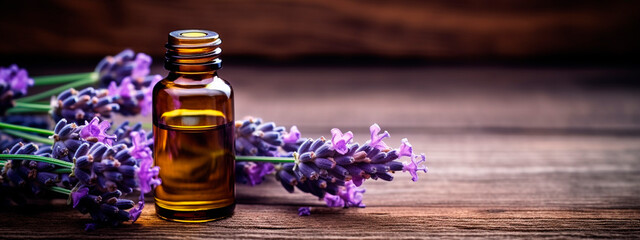 Lavender essential oil in a bottle. Generative AI,
