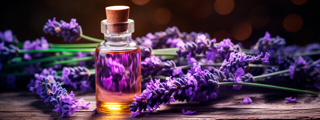 Obraz na płótnie Canvas Lavender essential oil in a bottle. Generative AI,