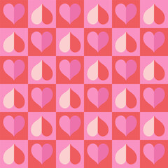 Checkered seamless pattern with hearts in red and pink colors. Vector graphics.
