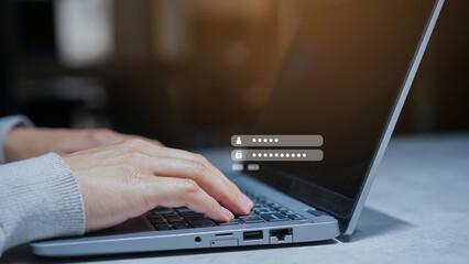 close up man hand press on laptop to access privacy profile  on website by put username and...