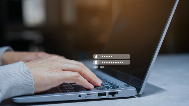 close up man hand press on laptop to access privacy profile  on website by put username and password for authorization security system of technology concept