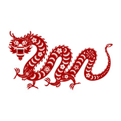 Asian zodiac sign, paper cut Chinese dragon character flat illustration. 2024 Lunar New Year hand drawn vector. Asian style design. Element for traditional holiday card, banner, poster, decor