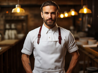 Male chef wearing mockup of blank empty white apron in the kitchen of restaurant, template for shop branding identity - Powered by Adobe