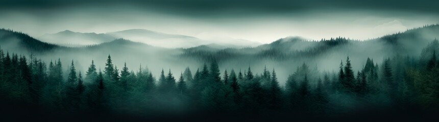 panoramic green foggy forest mountain landscape with pine trees fog and mountains, wallpaper banner, copy space for text