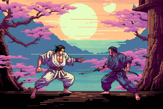 8bit Pixel Darstellung alter Computerspiele. K&auml;mpfer, Helden und Monster