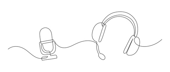 Headphone and microphone. Music, radio, podcast concept. Continuous line drawing. Hand drawn doodle. 