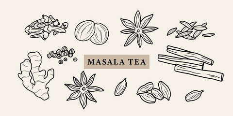 Line art masala tea spices illustration - obrazy, fototapety, plakaty