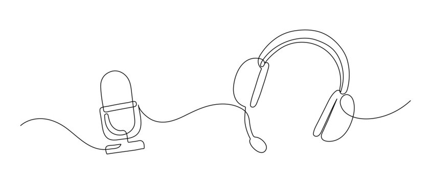 Headphone and microphone. Music, radio, podcast concept. Continuous line drawing. Hand drawn doodle. 
