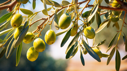 Olives on a branch in the garden. Generative AI,