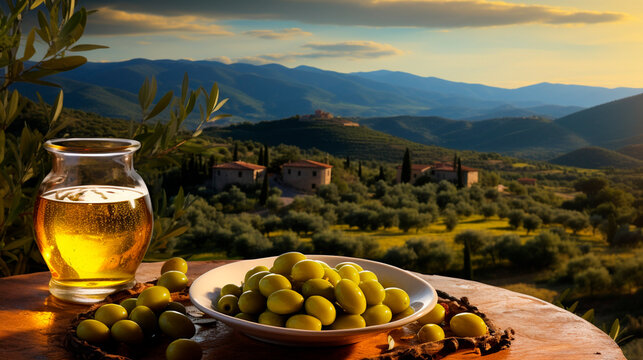 Olive oil against the backdrop of the Italian village. Generative AI,