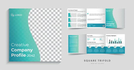 Creative Company Profile square trifold brochure design. A4 square tri-fold Vector template - obrazy, fototapety, plakaty