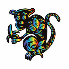monkey with ethnic Russian rainbow gradient pattern, symbol, vector illustration