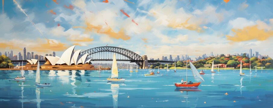 Ilustration of Sydney cityscape lake sailboats Sydney Opera, Australia. Generative ai