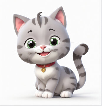 A 3d cartoon character happy baby cat kitten on the white background, looking cute, adorable and joyful