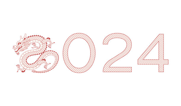 2024 New Year typography with Chinese dragon line art illustration. Asian zodiac sign cartoon character. Hand drawn style vector. Design element for traditional holiday card, banner, poster, decor