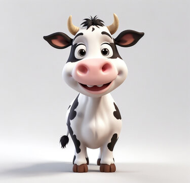 A 3d cartoon character happy cow front view on the white background, looking cute, adorable and joyful