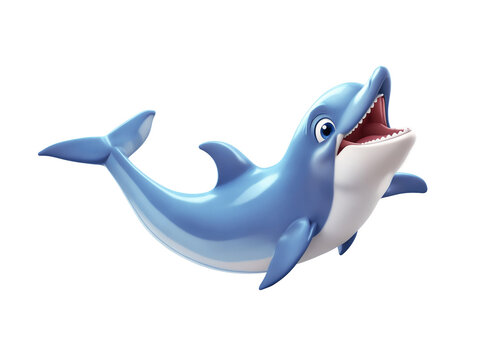 A 3d cartoon character happy smiling blue dolphin fish on the white background, looking cute, adorable and joyful