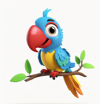 A 3d cartoon character happy colorful parrot sitting on the branch on the white background, looking cute, adorable and joyful
