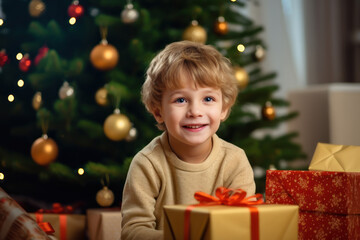 Small cute Happy child smile opening Christmas presents, gift box with red ribbon, giving receiving presents Xmas with Christmas tree bokeh