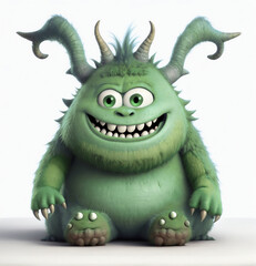 Obraz premium A 3d funny cartoon character green monster sitting on floor on the white background, looking cute, adorable and joyful