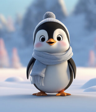 A 3d cartoon character penguin wearing scarf and hat on the snowy background, looking cute, adorable and joyful