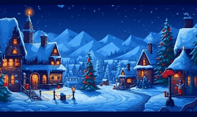 Christmas Festival Backgroud with Decoration (Christmas Tree, Gingerbread House, Reindeer, Santa Claus and Ornament), Pixel Art Retro RPG Game 8 bits 16 bits 32 bits Style