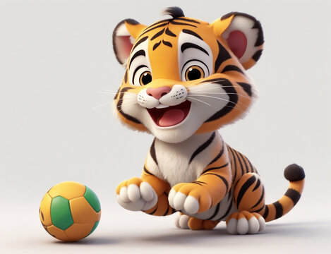 A 3d cartoon character baby tiger cub playing with ball on the white background, looking cute, adorable and joyful