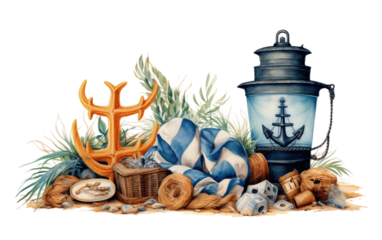 A Realistic Image Showcasing Nautical Theme Decor in Stylish Detail on a Clear Surface or PNG Transparent Background.