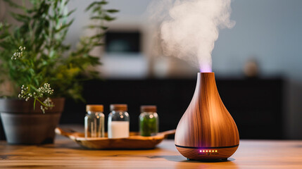 Electric aroma diffuser in the room. Generative AI, - obrazy, fototapety, plakaty