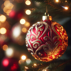 close-up of a red ball adorning a christmas tree. Generative AI