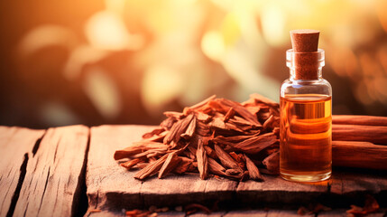 sandalwood essential oil in a bottle. Generative AI, - obrazy, fototapety, plakaty