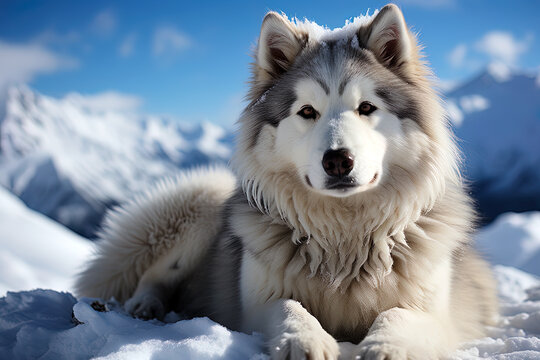 Alaskan Malamute on background of snow-covered forest Close-up photo, natural natural light. Ai art