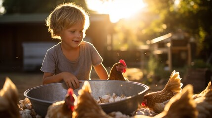A child talks to the chickens and feeds them grain from their bucket - obrazy, fototapety, plakaty