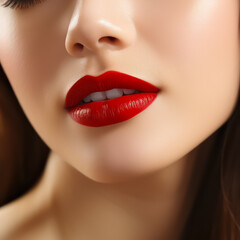 Fototapeta premium Close up view of beautiful Sexy Red woman Lips, Perfect Makeup, Beautiful red Lip Gloss Sensual, Open Mouth with white teeth. lipstick Cosmetology, or fashion makeup concept. Beauty studio shot.