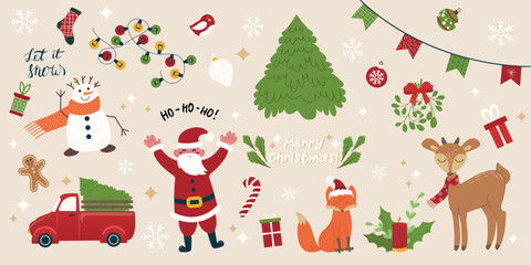 Christmas elements set with Santa character, fox, Christmas tree, gifts, abstract Christmas and New Year decor, balls, snowflakes, deer, snowman, bird. Vector illustration in flat style.
